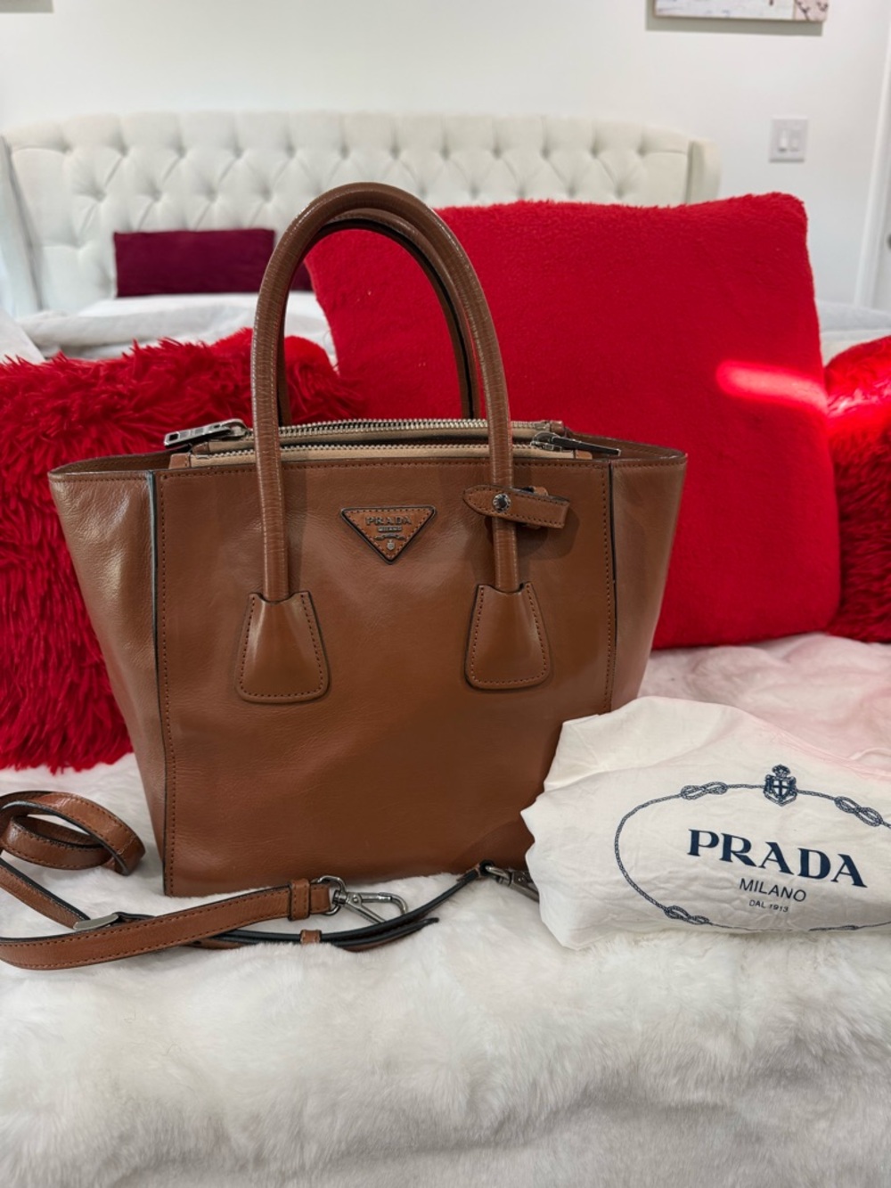 Prada Brown Leather Satchel with Top Handles and Strap
